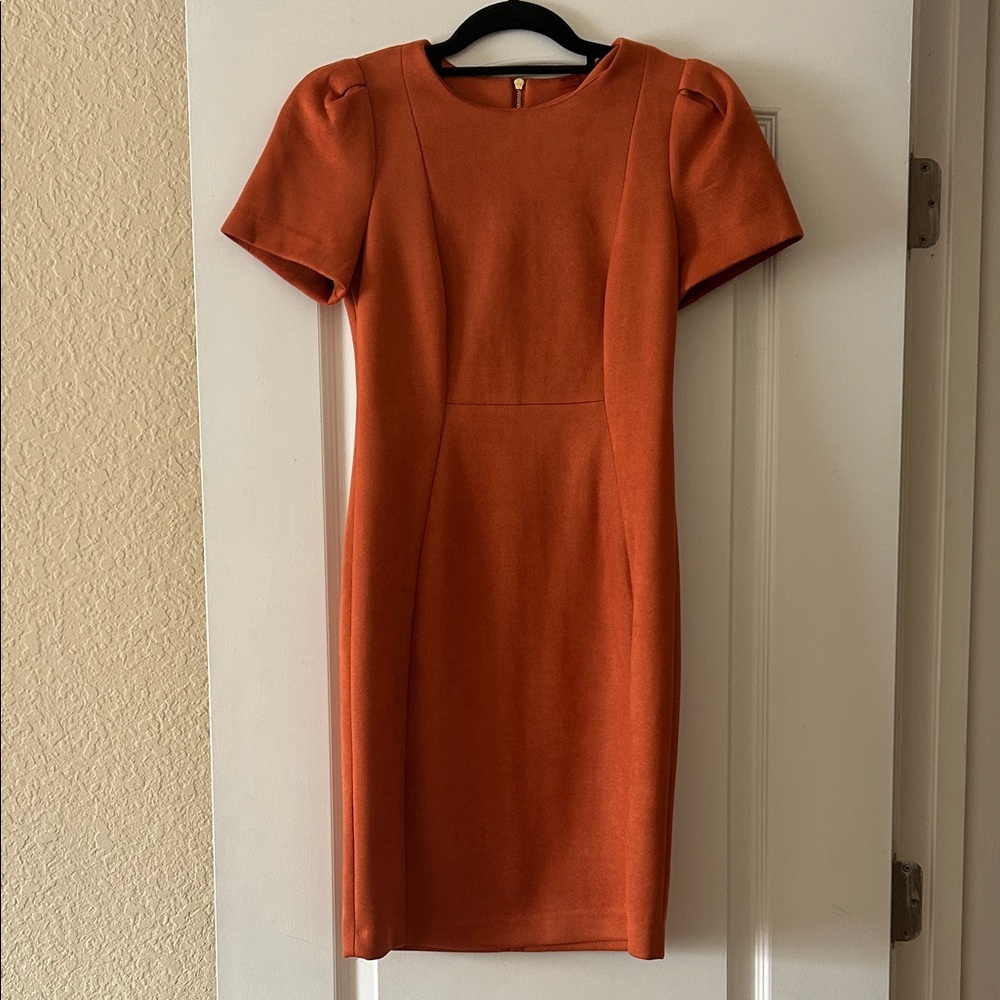 Clavin Klein Orange Suede Puff Sleeve Dress